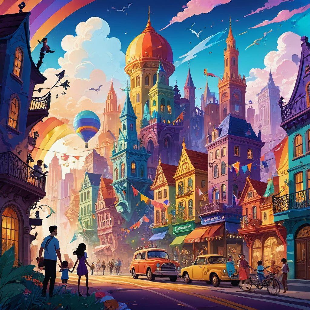 A dynamic scene showcasing a diverse group of animated adult characters, featuring vibrant colors and intricate details, immersed in a surreal cityscape that blurs the line between fantasy and reality. The backdrop includes iconic symbols of LGBT culture, like rainbow flags and unique architecture, reflecting the impact of animation on representation. The characters express various emotions, embodying the essence of freedom and identity. cartoon style. colorful and whimsical. dramatic lighting.