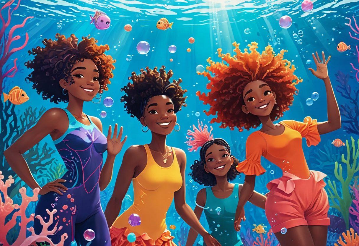 A vibrant and colorful illustration showcasing a diverse group of animated characters from various backgrounds engaging joyfully in a playful underwater scene. The characters should represent the LGBTQ+ spectrum with unique hairstyles, clothing styles, and expressions. Bubbles and corals add to the underwater ambiance, while splashes of light create a dynamic and inviting atmosphere. The overall composition should exude inclusivity and celebration of diversity in art. vector art. vibrant colors. 3D.